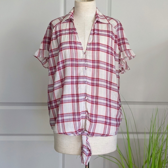 PAIGE Top Button Front Tie Split Neck Short Sleeve Plaid Cream Red Grey L NWT - Picture 10 of 14
